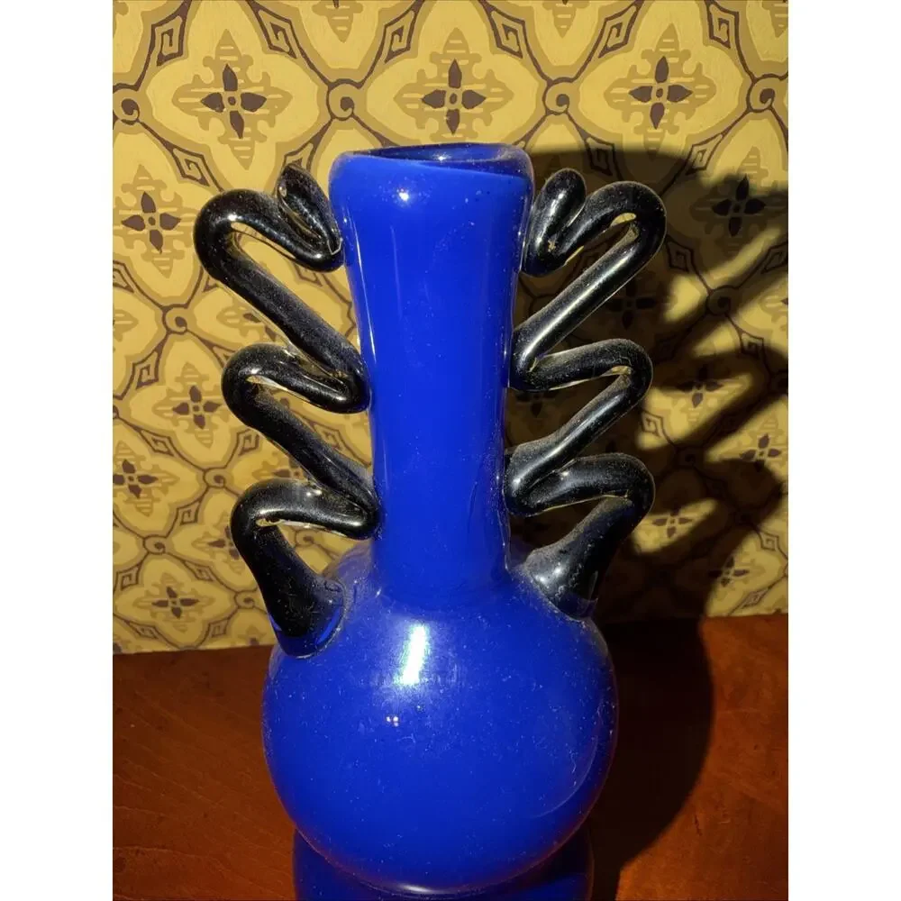 Fantastic Garcia art glass bud vase, signed Garcia Dark Blue & Black 8 1/2 Inch‎